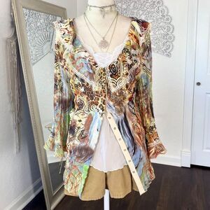 Bay Studio Plus Size Early 2000's Sheer Mesh Animal Print Beaded Button Up 1X